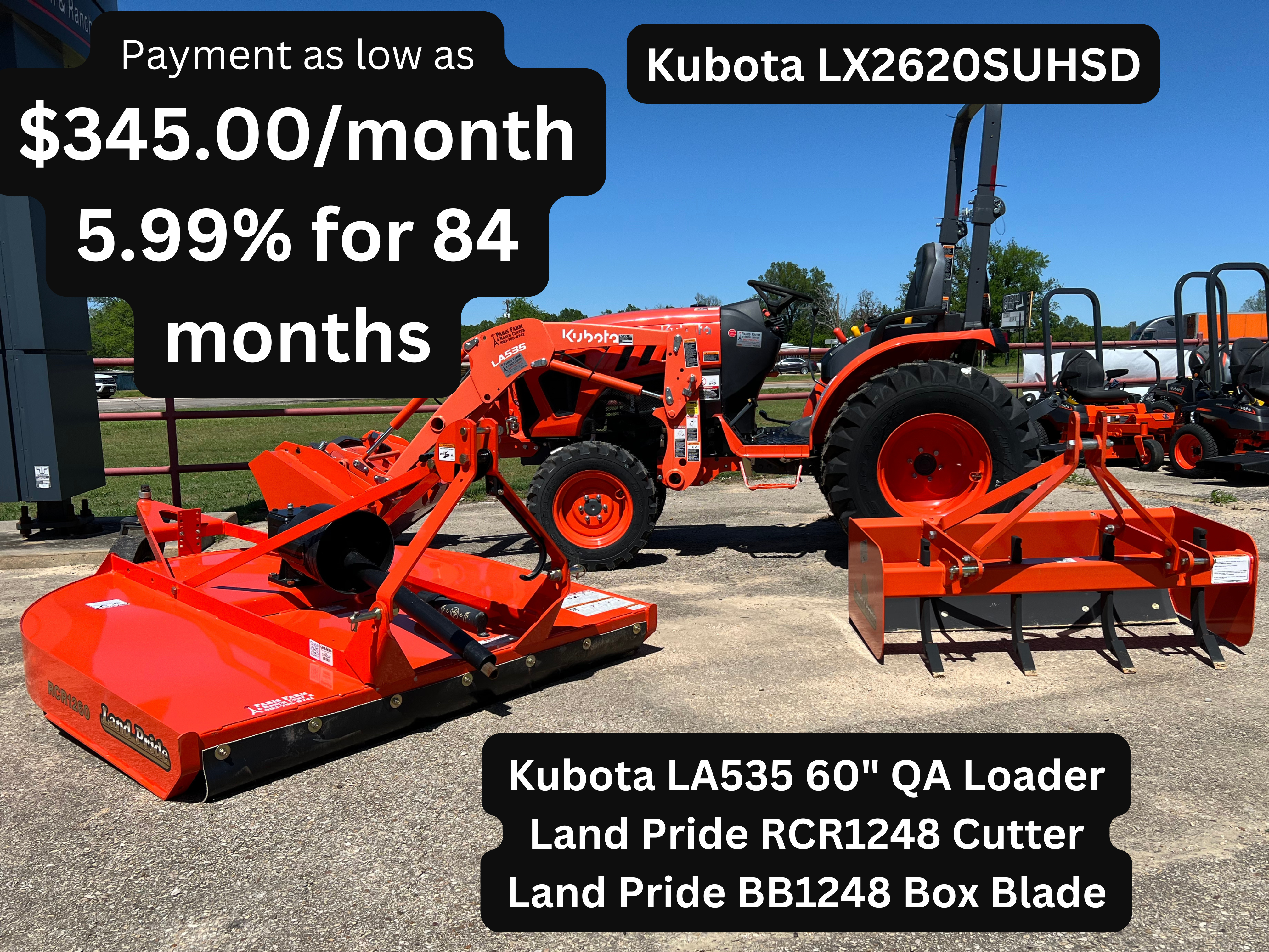 LX2620 TRACTOR PACKAGE WITH LOADER, CUTTER AND BOX BLADE! - Paris